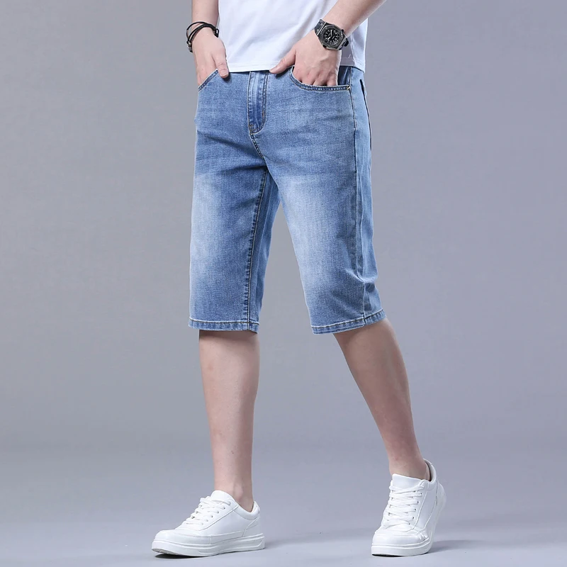 Summer Thin Slim Fit Stretch Short Jeans Classic Style Business Casual Light Blue Soft Cotton Straight-leg Denim Shorts Male