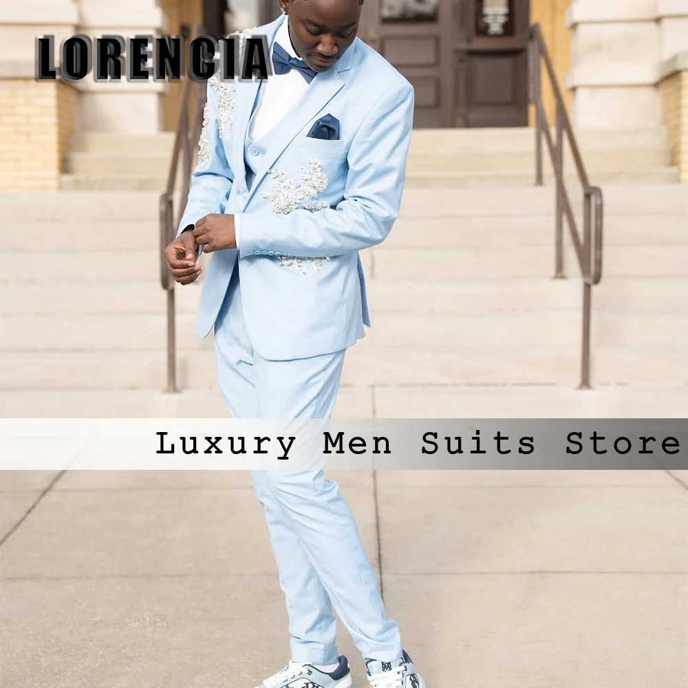 Simple Rhinestone Suits for Male 3 Pieces Flat Collar Wedding Groom Tuxedos Customized Blazer Vest Pants robe mariage femme