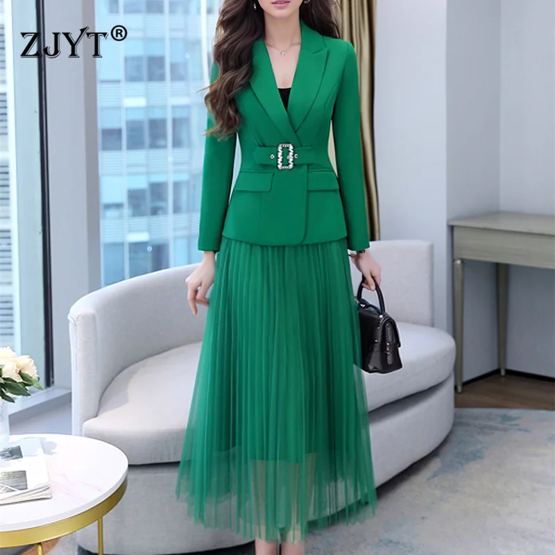 ZJYT Office Lady Blazer Suits Mesh Skirts Two Piece Dress Sets for Women Elegant Outfit Spring Fashion Conjuntos De Vestidos