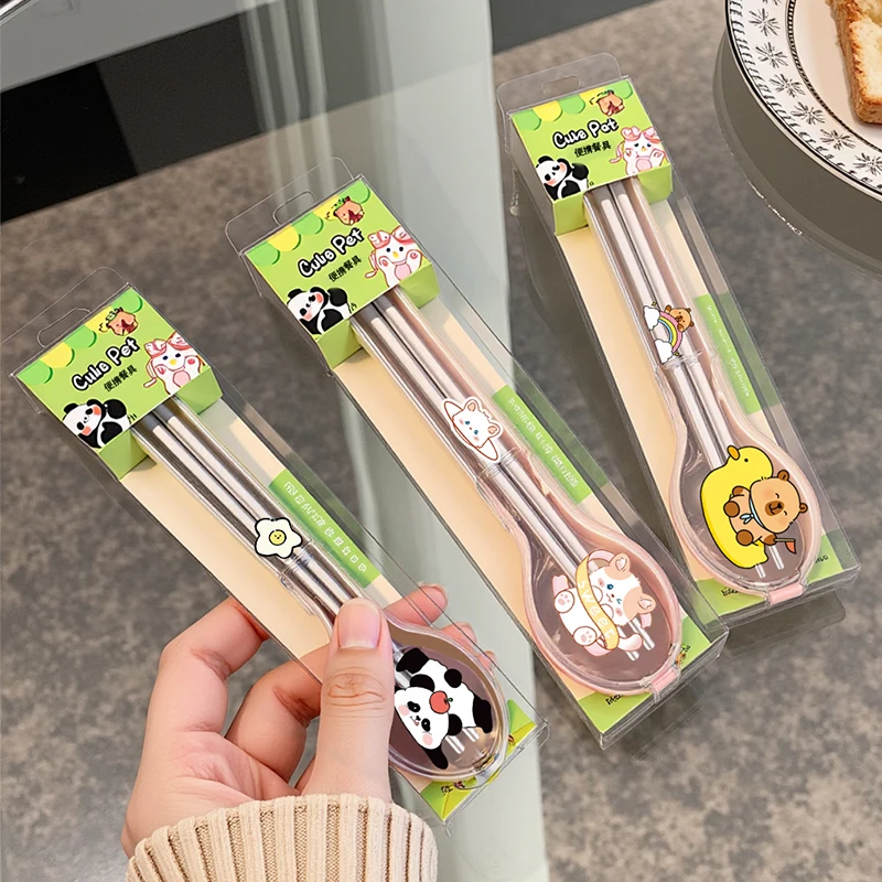 

3 Pcs 304 Stainless Steel Portable Cutlery Set Spoon Chopsticks Cute Storage Case for Travel Dinnerware Set Christmas Gift