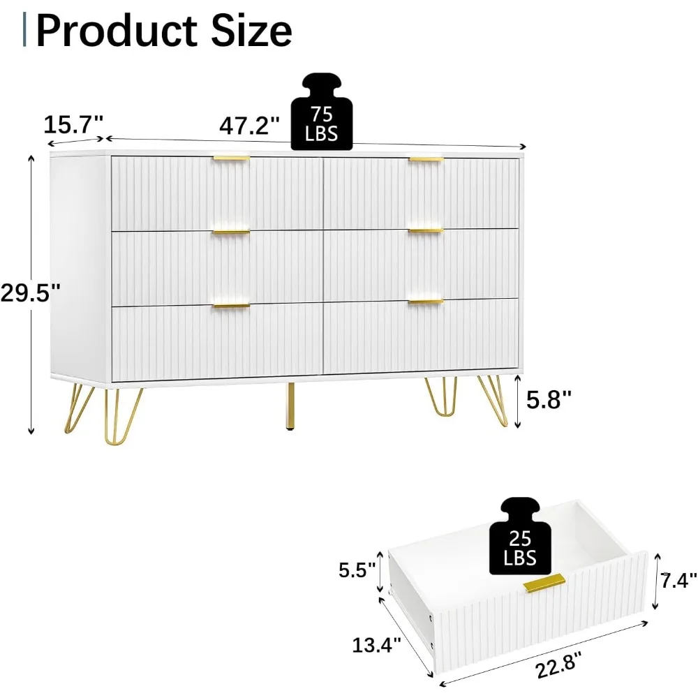 Modern 6-Drawer Dresser for Bedroom with Gold Handles, Wide Chest of Drawers for Living Room