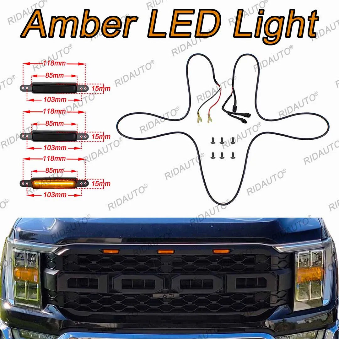 For FORD F150 2021 2022 2023 Upgrades Raptor Modify Grille DIY Amber Light LED Lamp Raptor Grille Light 3PCS LED Light DRL Light