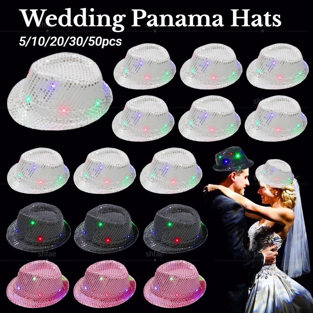 

5-50pcs Light Up Straw Fedora Hats Wedding Hats for Guests Lighted Panama Hat Havana Night LED Jazz Hat Disco Party Dance Caps