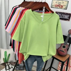 DAYIFUN bawełniane t-shirty z dekoltem w szpic z krótkim rękawem damskie koreańskie luźne Plus Size solidne koszulki damskie 100KG z półrękawem 5XL 2024