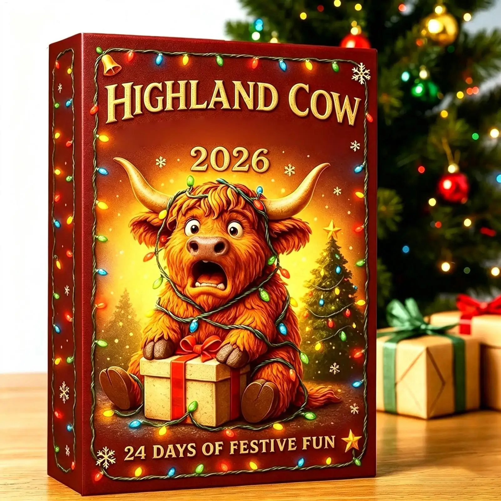 2D Flat Acrylic Highland Cow Christmas Advent Calendar 24 Days Countdown with Cute Hanging Ornaments for Tree Home Decor