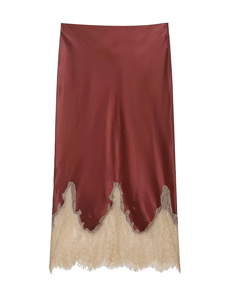 HH أزياء المرأة عالية الخصر الدانتيل الديكور تنورة طويلة الساتان الملمس تنورة المرأة الجانب سستة فضفاضة الشارع نمط ميدي تنورة