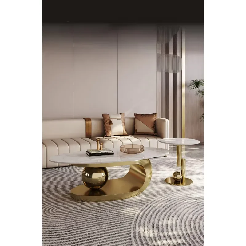 Modern Elegance Coffee Table Side Table Set Golden Stainless Steel Base Round Pattern for Home With Stone Material