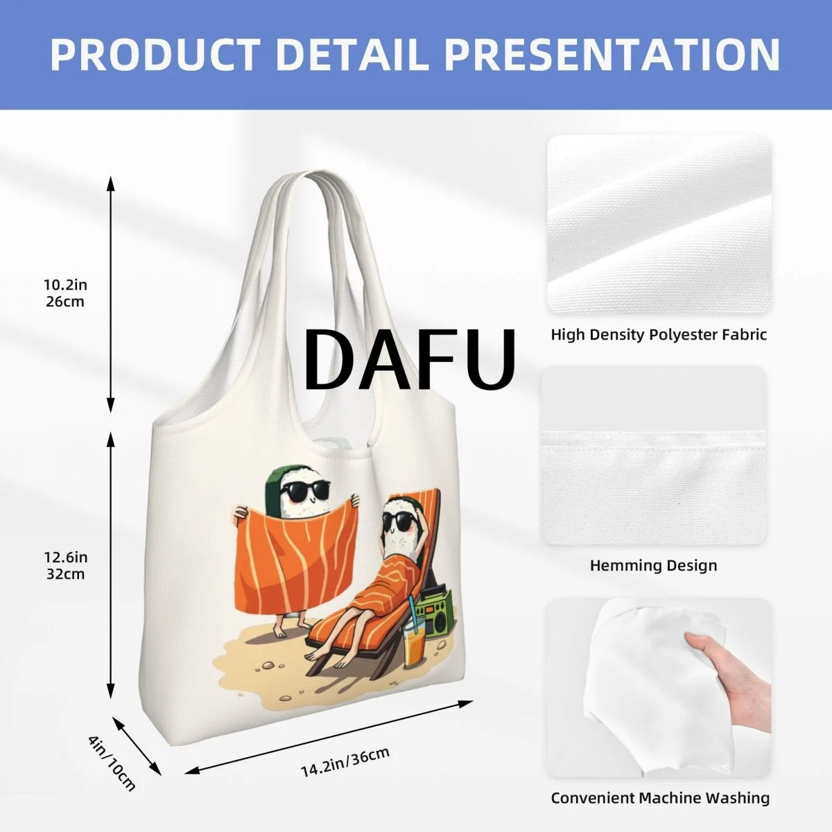 Sushi Beach Vibes Large Capacity Canvas Tote Bag Single Shoulder Work Commute Bag For Women Eco-Friendly Shopping Bag