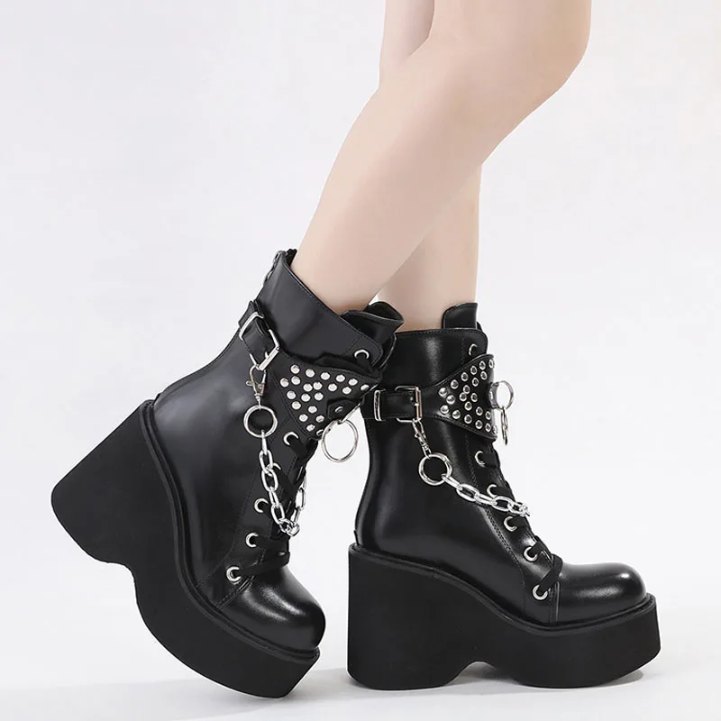 Lady Boots Women Gothic Shoes Platform Mid-calf Boots Punk Black Sexy Motorcycles Boots Wedge High Heels Women Booties WSH4937