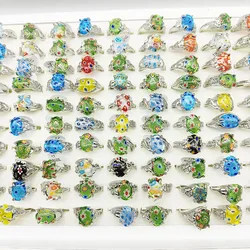 20pcs/Lot Factory Mix Colors Glaze Stone Finger Rings for Women Fashion Blue Flower Oval Green Crystal Stone Jewelry Girls Party