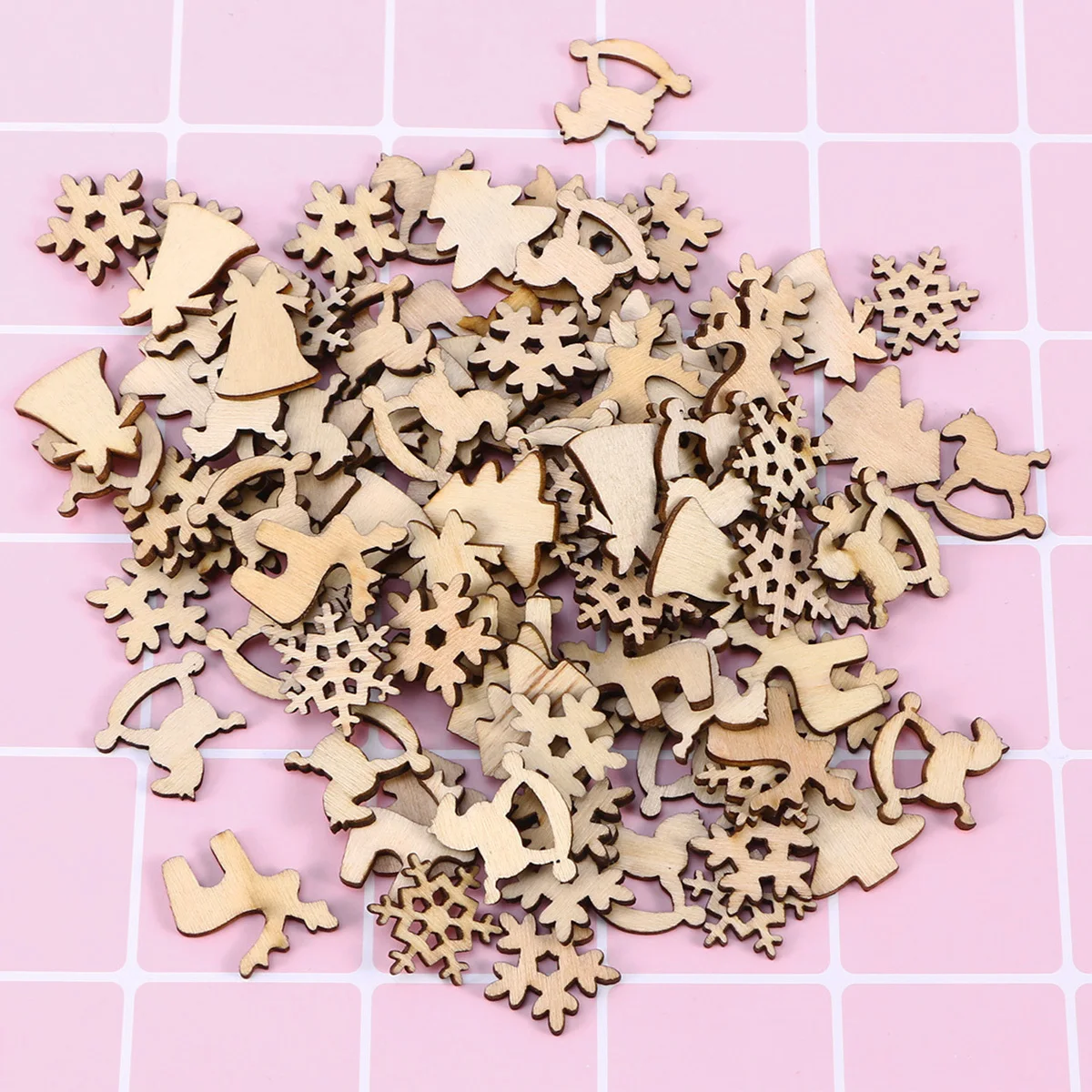 

100Pcs Christmas Wooden Decorations Smooth Surface Mixed Shapes Snowflakes Deer Xmas Tree Bells DIY Craft Ornaments Holiday