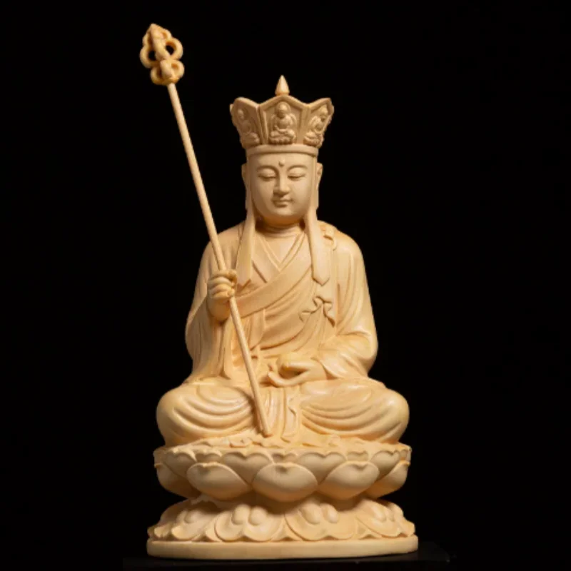 Natural Wood Carved Ksitigarbha Statue - Feng Shui Compassion Sculpture, Spiritual Home Decor Lucky Buddhist Protection Craft