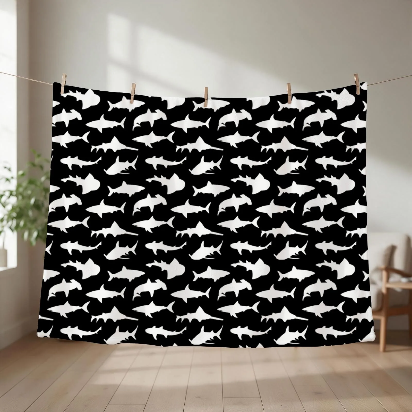 Sharks on Black Throw Blanket couch cozy soft plush fuzzy picnic outdoor blanket