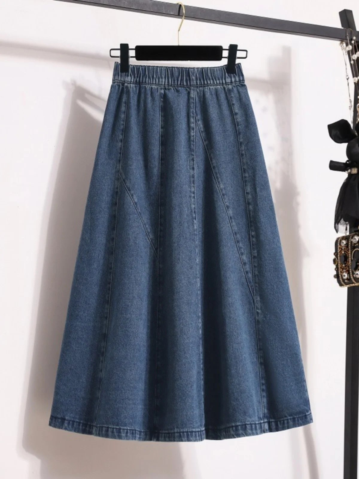 Oversized A-line Denim Skirt Women Spring Autumn Elastic Waist Loose All-matched Long Skirts Fashion Simple Jean Dress