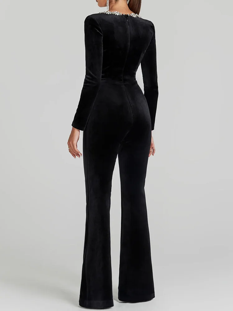 Women Spring Holiday Slim Fit Long Sleeve Velvet Jumpsuits Solid Square Collar Elegant Flare Pants Casual Ladies Playsuits 2025