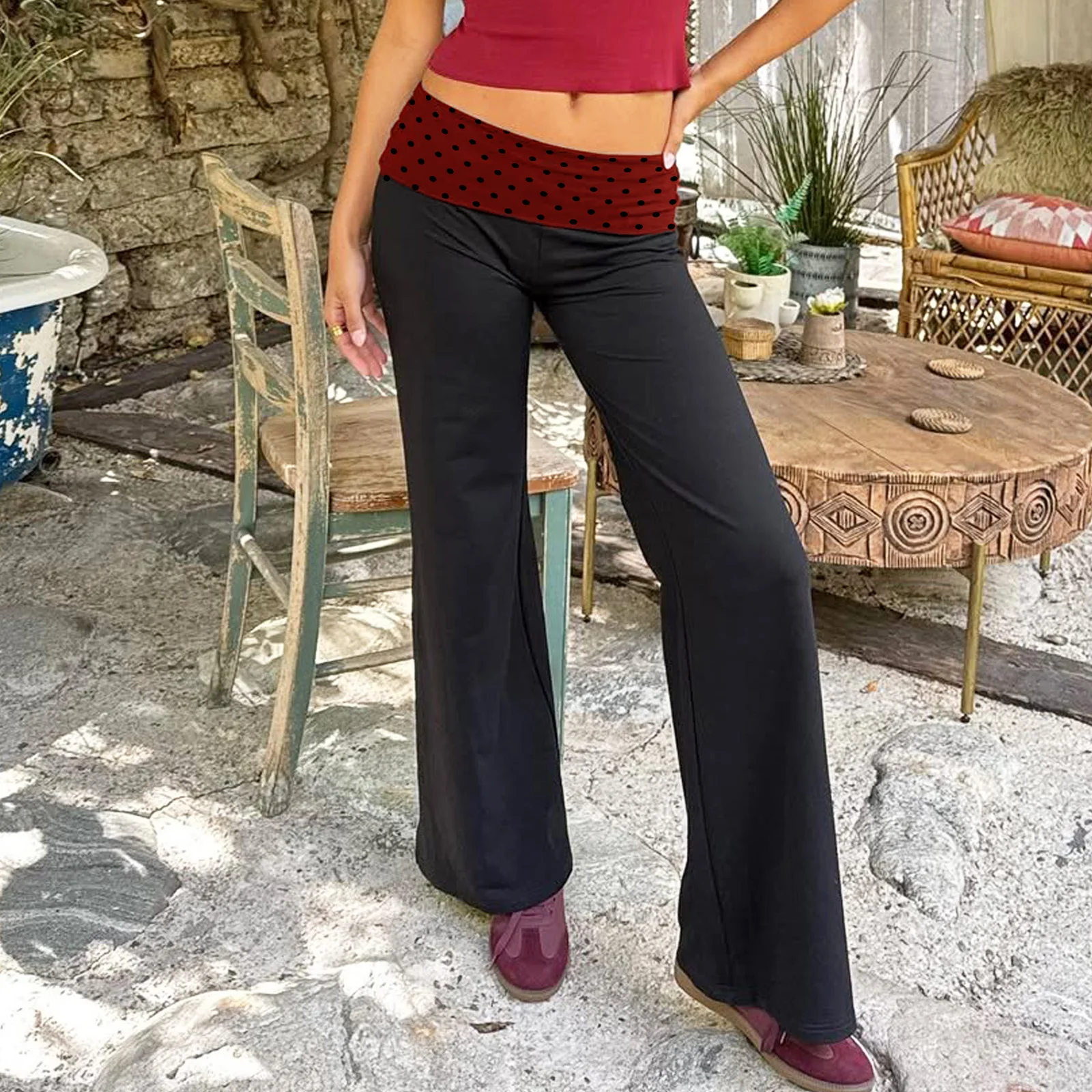 Pantalones de salón para mujer, pantalones de pierna ancha con cintura elástica y estampado Y2K, pantalones informales holgados, ropa de calle para salir a la moda