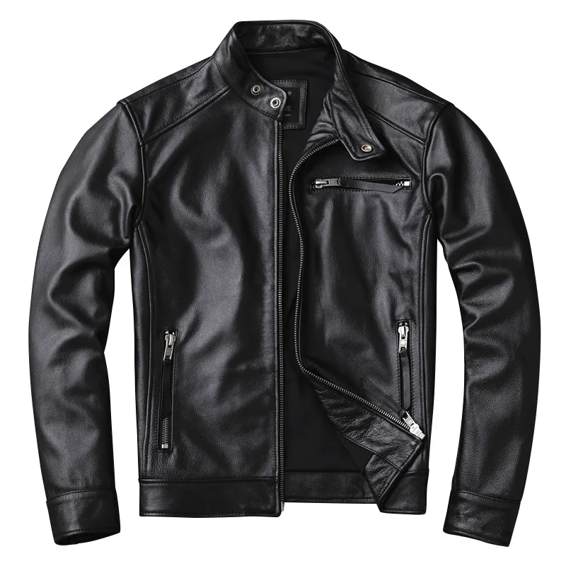 Men's Genuine Leather Jacket - Short-Style Cowhide with Stylish Stand-Up Collar, Trendy Biker Design New Arrival