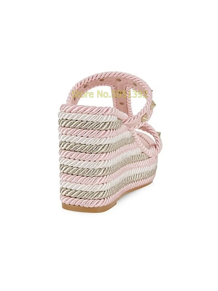 Pink Rockstud Espadrille Wedge Sandals T Strap Open Toe Platform Weave Heel Shallow Slip On Summer Women Dress Sandals