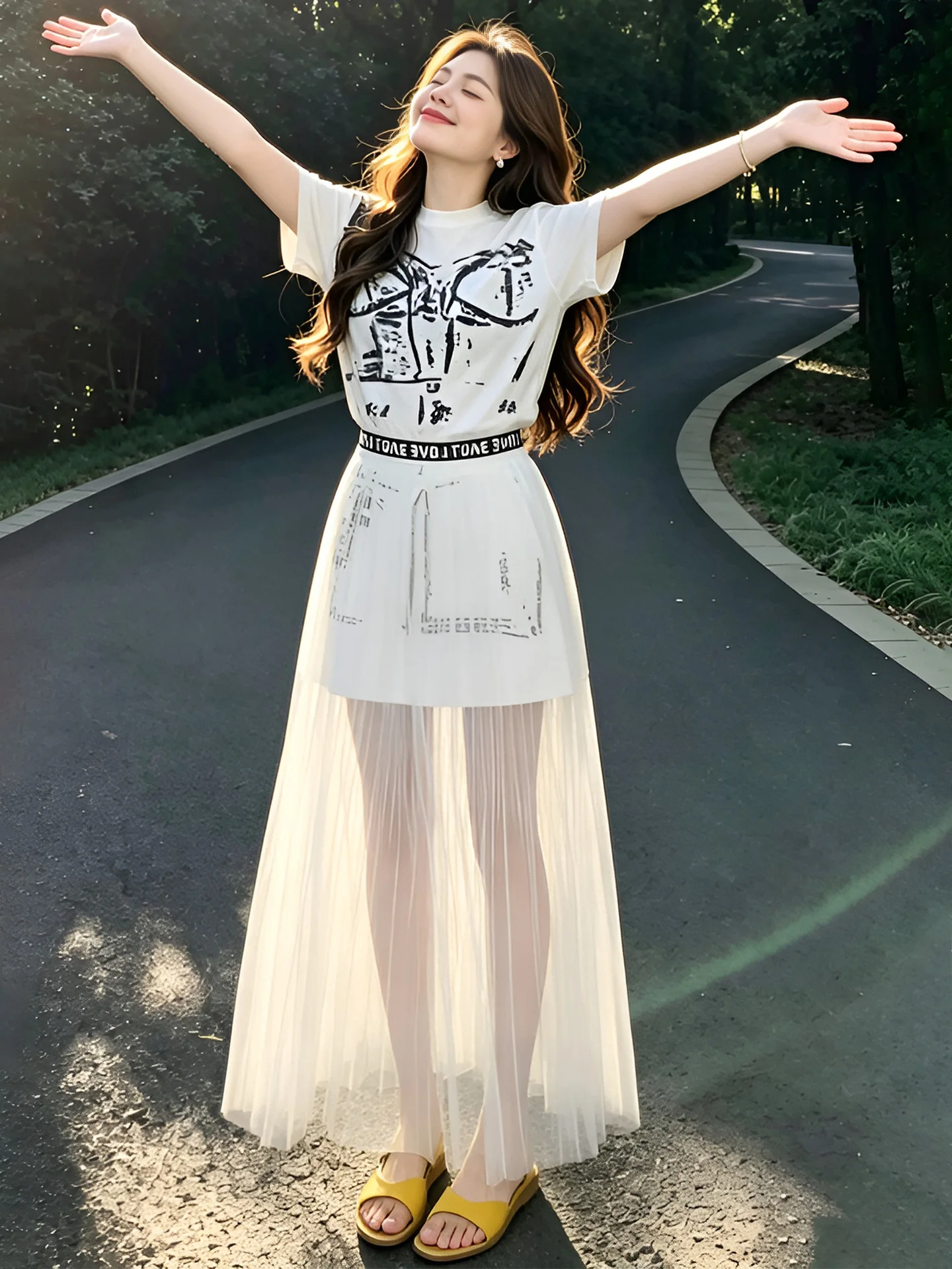 

Summer 2026 Slim Fit Printed Dress Set High Waist Mesh Skirt Black Lettering Design Fashionable Casual Women's Ensemble