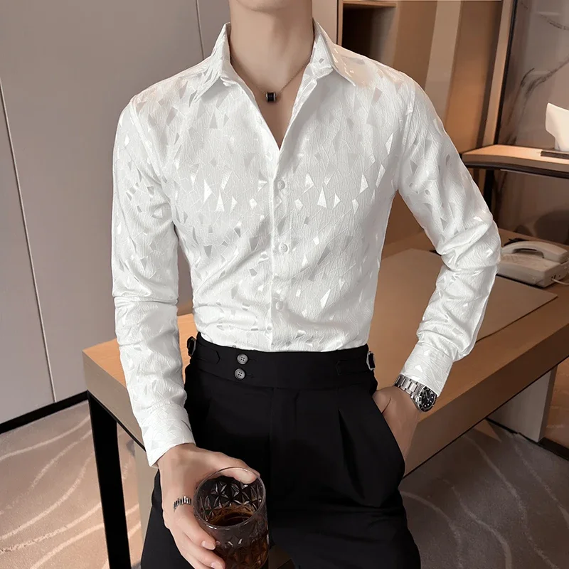 Autumn Geometric Embossed Long Sleeved Men Dress Shirt Fashion Button Down Lapel Business Formal Male Shirts Tops Plus Size 4XL