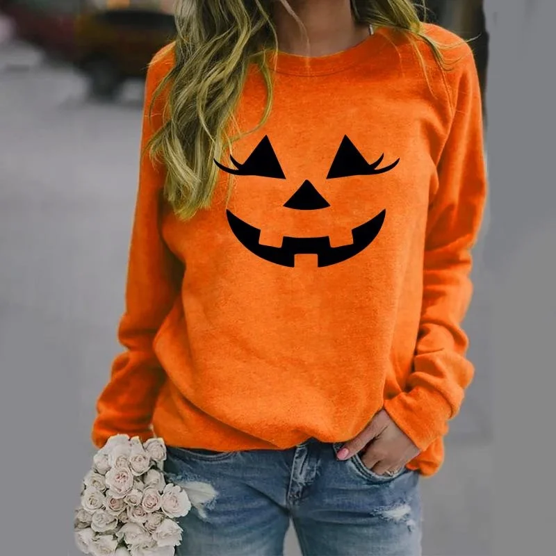 Cute Pumpkin Face Women\'s Long Sleeve New Fashion Sweater Fall Casual Comfort Pumpkin Face Sweatshirt Pullover