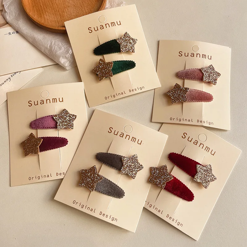 2pcs New Fabric Velvet Water Drop Bangs Clip Five-pointed Star Broken Hair BB Princess Headwear Girls Kids Hair Accessories