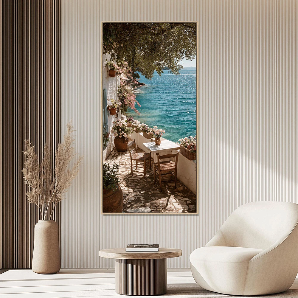 Greek Terrace Canvas Print, Turquoise Sea View, Mediterranean Decor, Greece Gift, Vertical wall art, Modern Home Living Room, Be