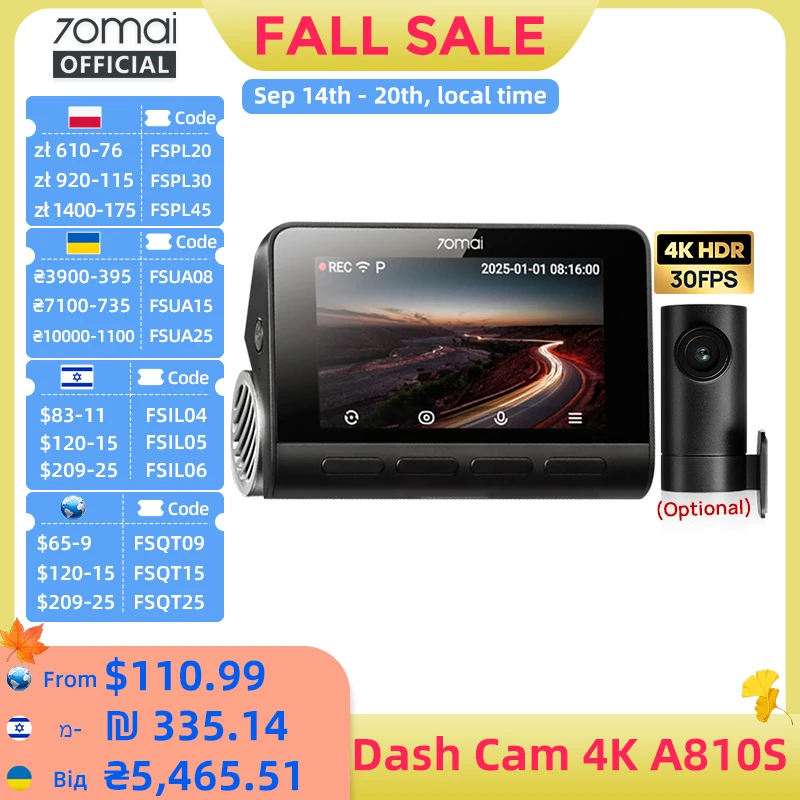 70mai Dash Cam A810S Front 4K Rear 1080P Support 4G Module GPS & ADAS Night Vision Supercapacitor Car DVR 70mai A810S