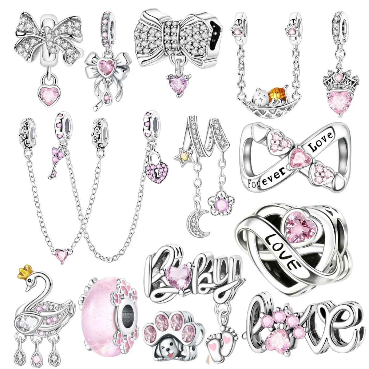 

925 Sterling Silver Pink Heart Zircon Sparkling Swan Bead Dangle Bow Charm Fit Bracelet Women Diy Jewelry Gift Valentine's Day