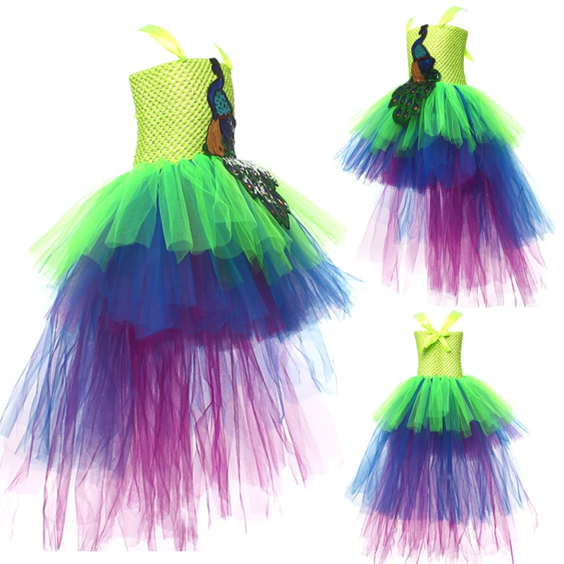 Flower Princess Peacock Costume for Girls Wedding Birthday Party Tutu Dress Kids Pageant Ball Gown Feathers Girl Tulle Dresses