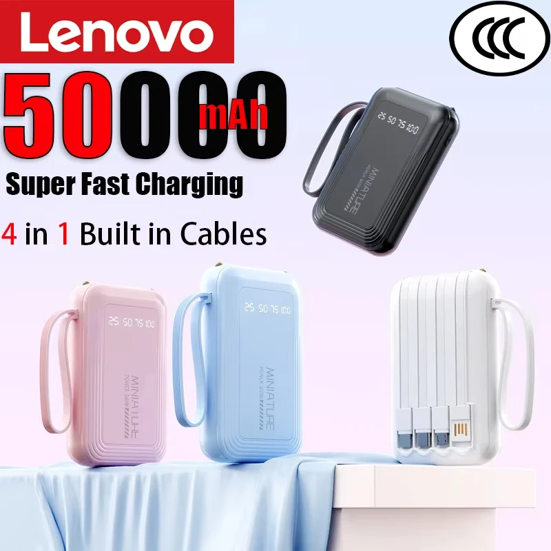 Lenovo Mini 500000mAh Powerbank Superschnelles Laden LED-Digitalanzeige 4-in-1 Eingebaute Kabel Powerbank für iPhone Samsung 2026