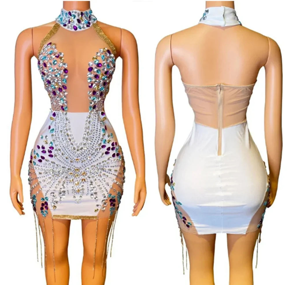 2025 Female Colorful Rhinestone Halter Dress Party Banquet Prom Evening Dresses Singer Drag Queen Performance Stage Costume yk