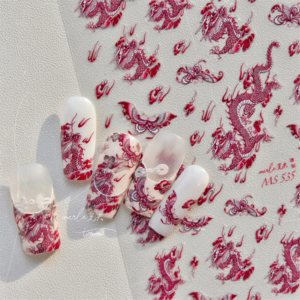 5D Rosso Blu Drago Adesivo per unghie Rilievi in rilievo Nuvole di buon auspicio Cursori per unghie Autoadesivi Decalcomanie per manicure in porcellana cinese