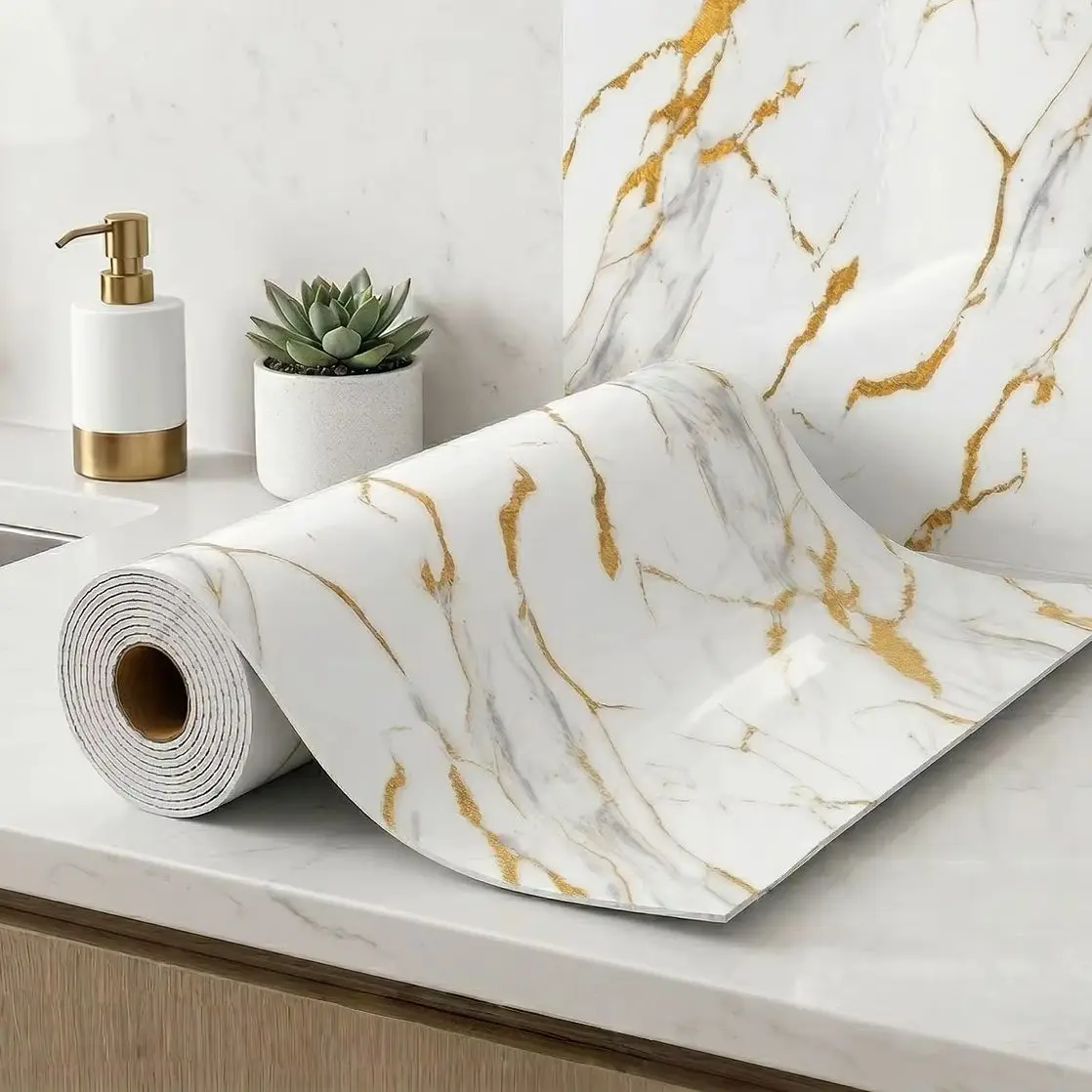 1 Rolls Glossy Marble Effect Self-Adhesive Wallpaper Continuous Self-Stick Decorative Wall Sticker Suitable for Bathroom Kitchen