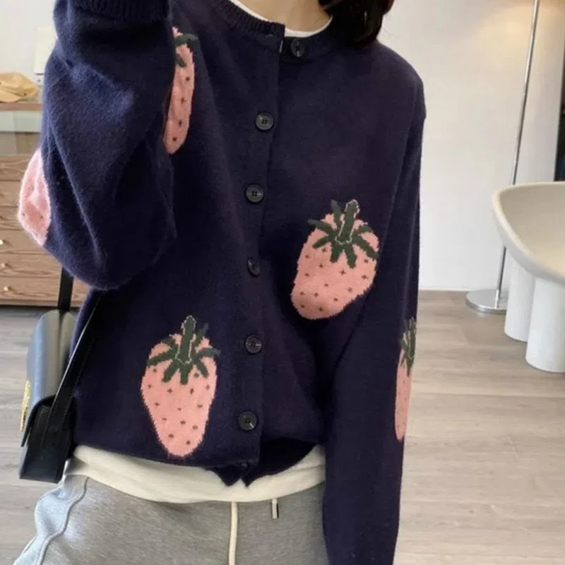 Geometric Cartoon Women's Clothing Button Up Cardigan Long Sleeve Screw Thread Round Neck Autumn Winter Coats Casual Tops