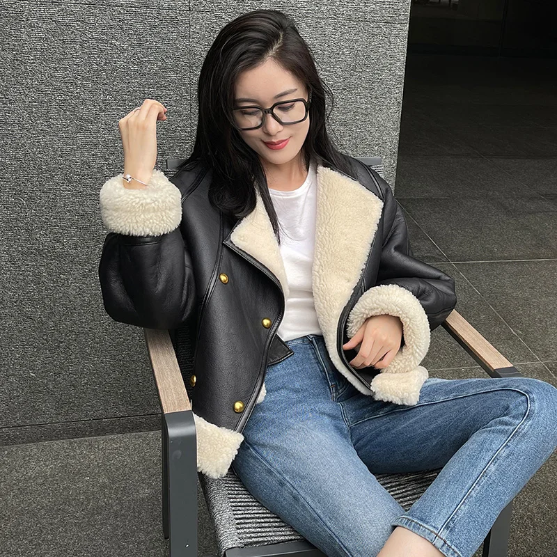 2023 New Style Genuine Sheepskin Leather Jackets Lady Wool Shearling Autumn Winter Vintage Coat Lamb Fur Merino Sheep S5045