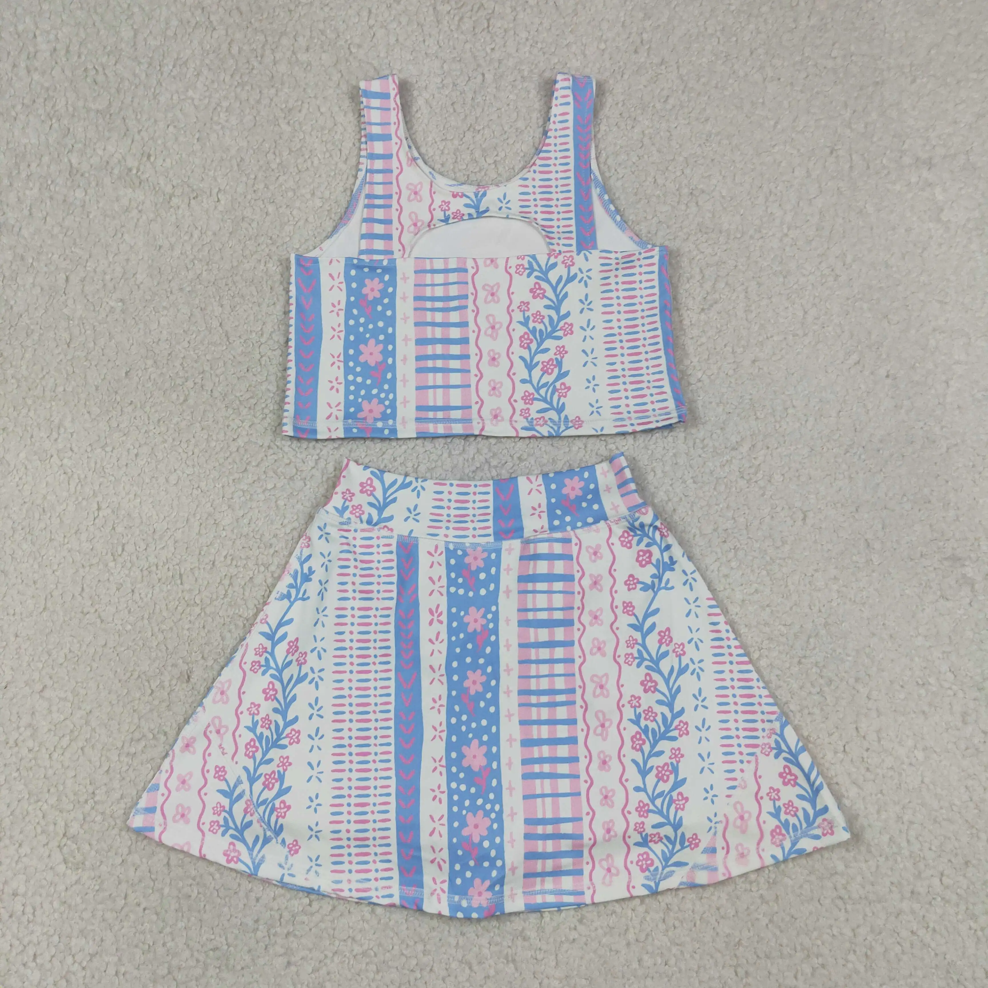 Wholesale Baby Girl Yoga Active Flower Clothing Toddler Shirt Ruffle Skirt Shorts Kids Skort Set Athletic Summer Clothes