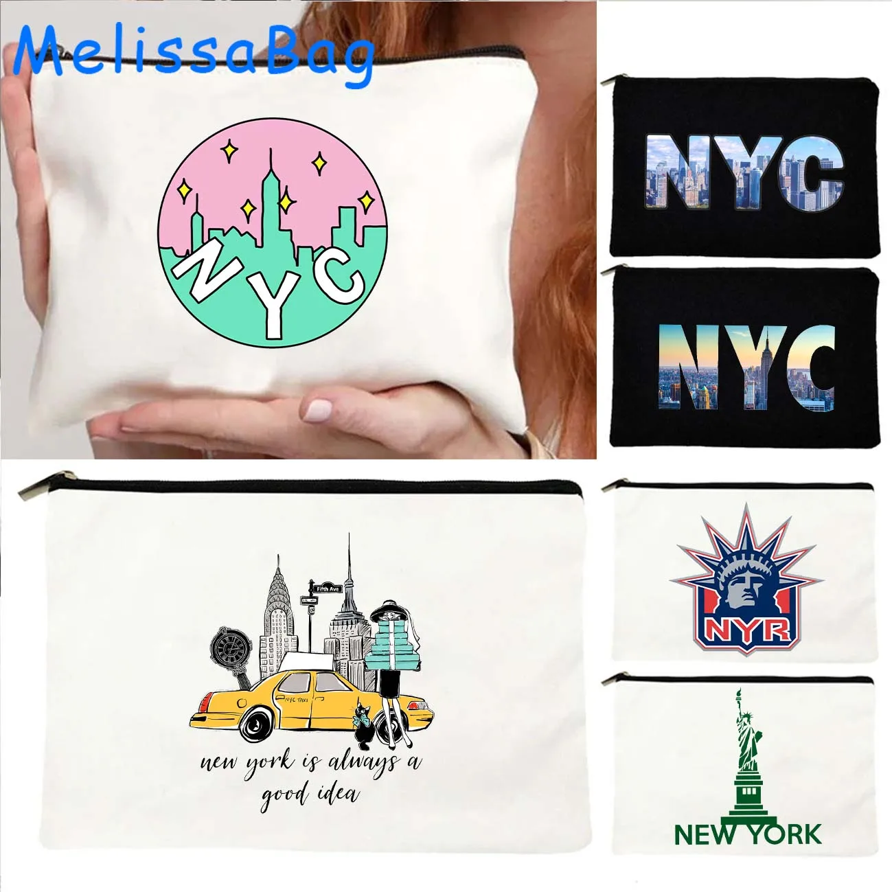 Bolsa de lona con cremallera para cosméticos, bolsa de lona con letras de NYC, Empire State Building, Estatua de la libertad, regalos para maquillaje