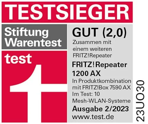 Fritz! مكرر 1200 AX (واي فاي 6 مكرر مع وحدتين راديوين: نطاق 5 جيجا هرتز (حتى 2,400 ميجابت/ثانية)، نطاق 2.4 جيجا هرتز (حتى 600 ميجابت