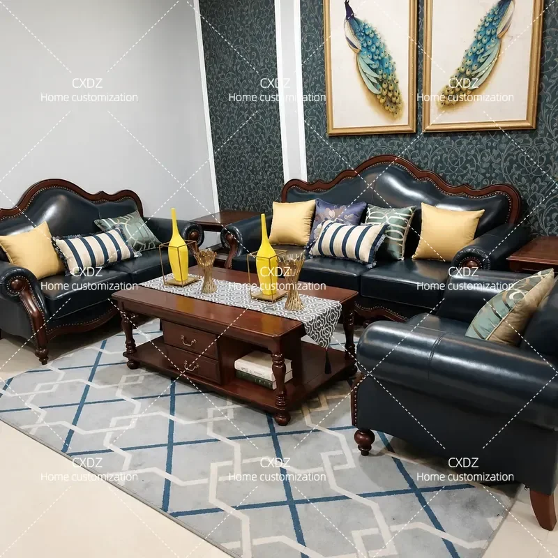 Removable and washable small apartment living room American country solid wood sofa simple leather sofa leather cloth sofa