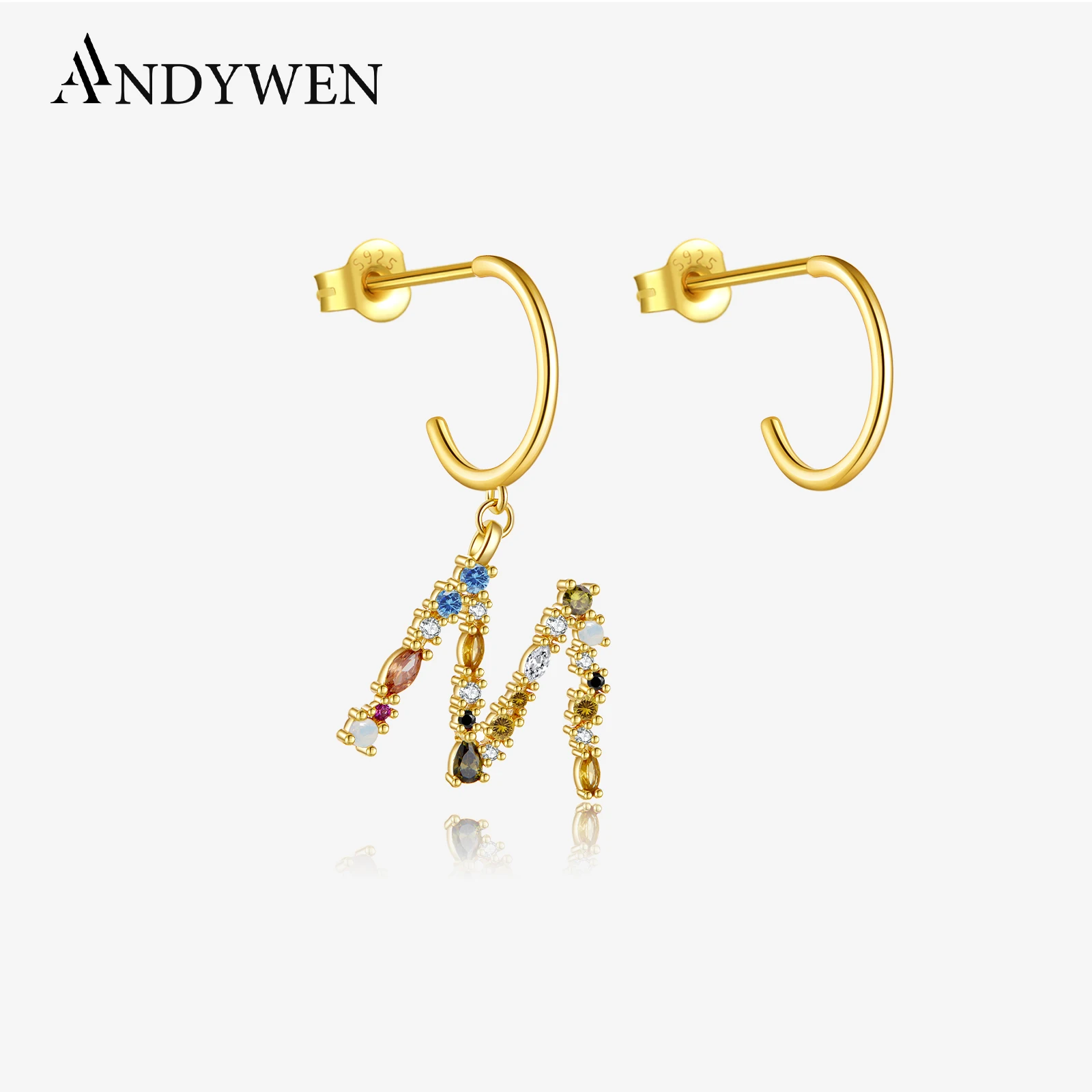 ANDYWEN 925 Sterling Silver Gold M S Letter Drop Earrings Hoops Colorful Initial Alphabet Earring 2020 Rainbow Women Jewelry