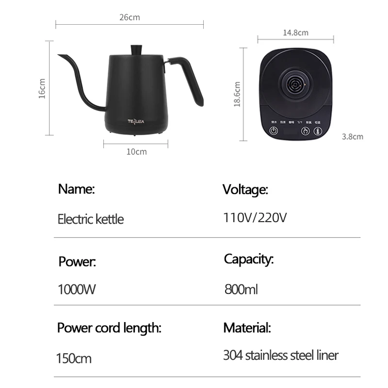 110V 220V Electric Coffee Pot 800ml Hot Water Jug Temperature-Control Heating Water Bottle Stainless Steel Gooseneck Tea Kettle