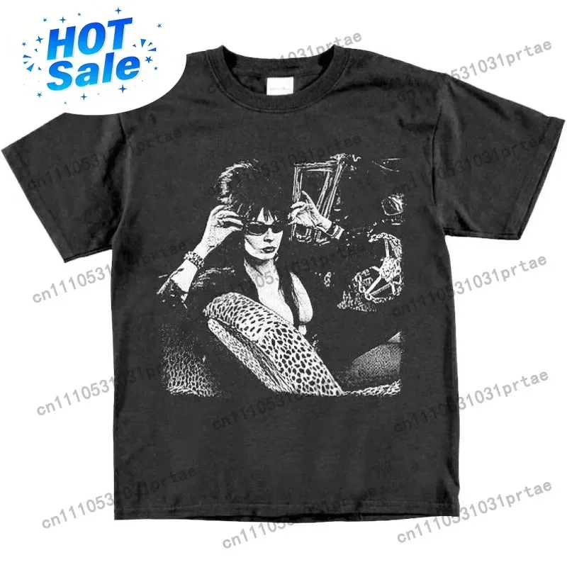 Classic 1990s Elvira Mistress of The Darkness Graphic Print T-shirt Men Women Crewneck Cotton Tees Fashion Oversized bLACK