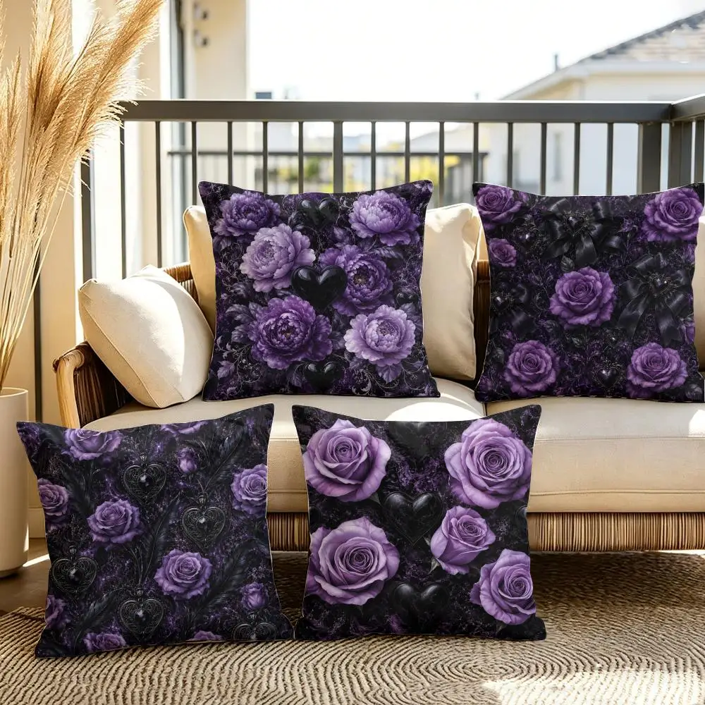 Purple Gothic Roses Cushion Cover Soft Plush Throw Pillow Cover Double-Sided Decorative Cushion Case Sofa Bedroom Home Decor
