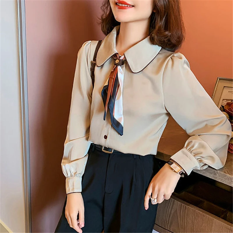 High Quality Satin Women Elegant Chic Bow Peter Pan Collar Shirts Korean Solid Long Sleeve Blouse Top Blusas Mujer De Moda 2023