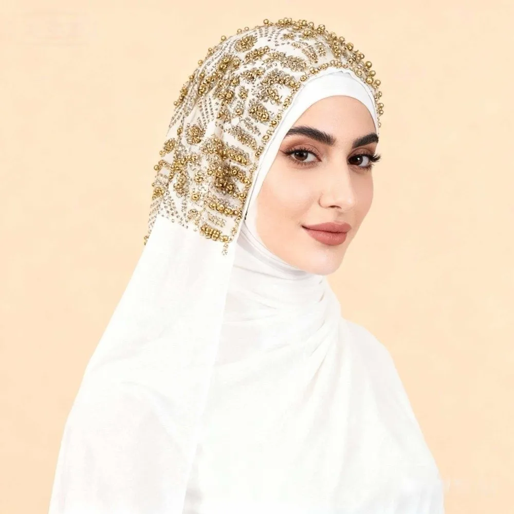 Luxury Beaded Lace Instant Hijab Rhinestone Collar Soft Chiffon Sequin Hijab Gold Sequin Embroidery Headscarf For Women