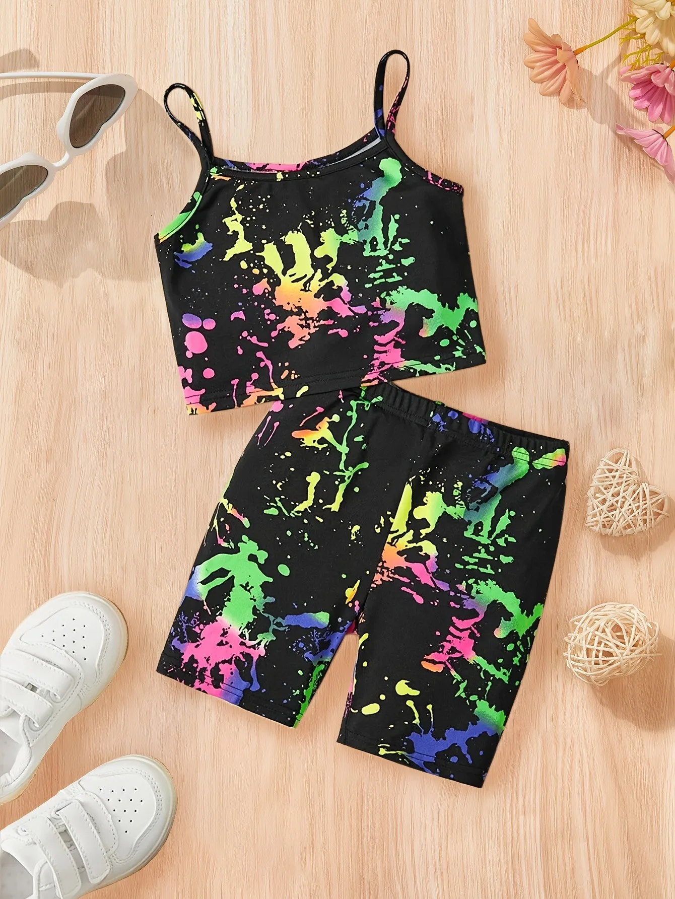 Girls 2-Piece Neon Splash Outfit – Black Rainbow Paint Splatter Print Cami Top & Biker Shorts Set for Kids