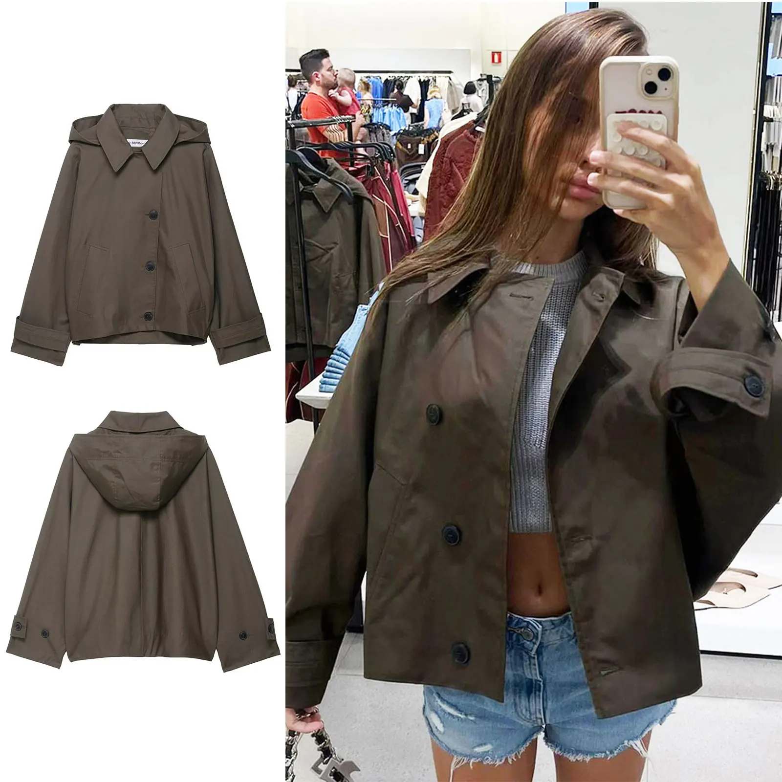 

HH Female New Autumn Causal Solid Hooded Trench Coat Long Sleeve Single Breasted Lapel With Pockets Women's Fashion Jackets
