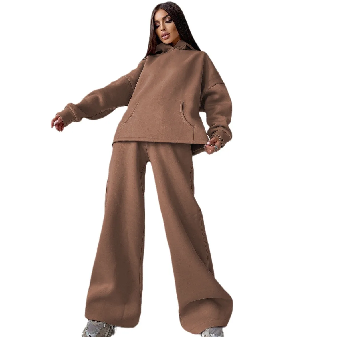 Women Tracksuit Two Pieces Sets Hooded Solid Sweatshirts Loose Wide Leg Pants Pockets Elastic Waist Sports High Street