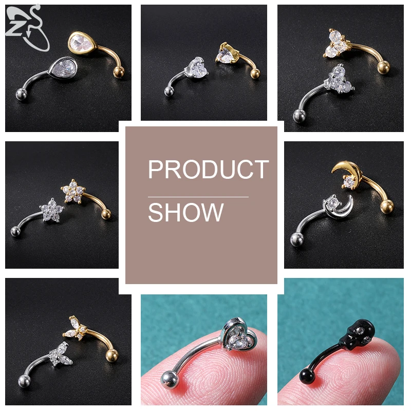 ZS 1PC Bee Eyebrow Piercing 316L Stainless Steel Curved Barbell Rook Earring Crystal Helix Cartilage Piercing Belly Button Ring